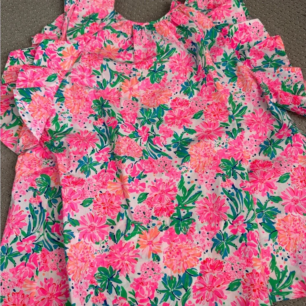Lilly Pulitzer Pink Green Floral Ruffle Sleeveless Blouse - Picture 2 of 3